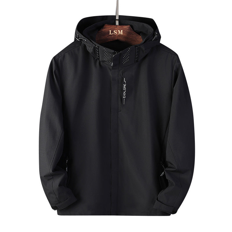 Men's black waterproof hooded jacket on hanger, zip front and protective stand collar.