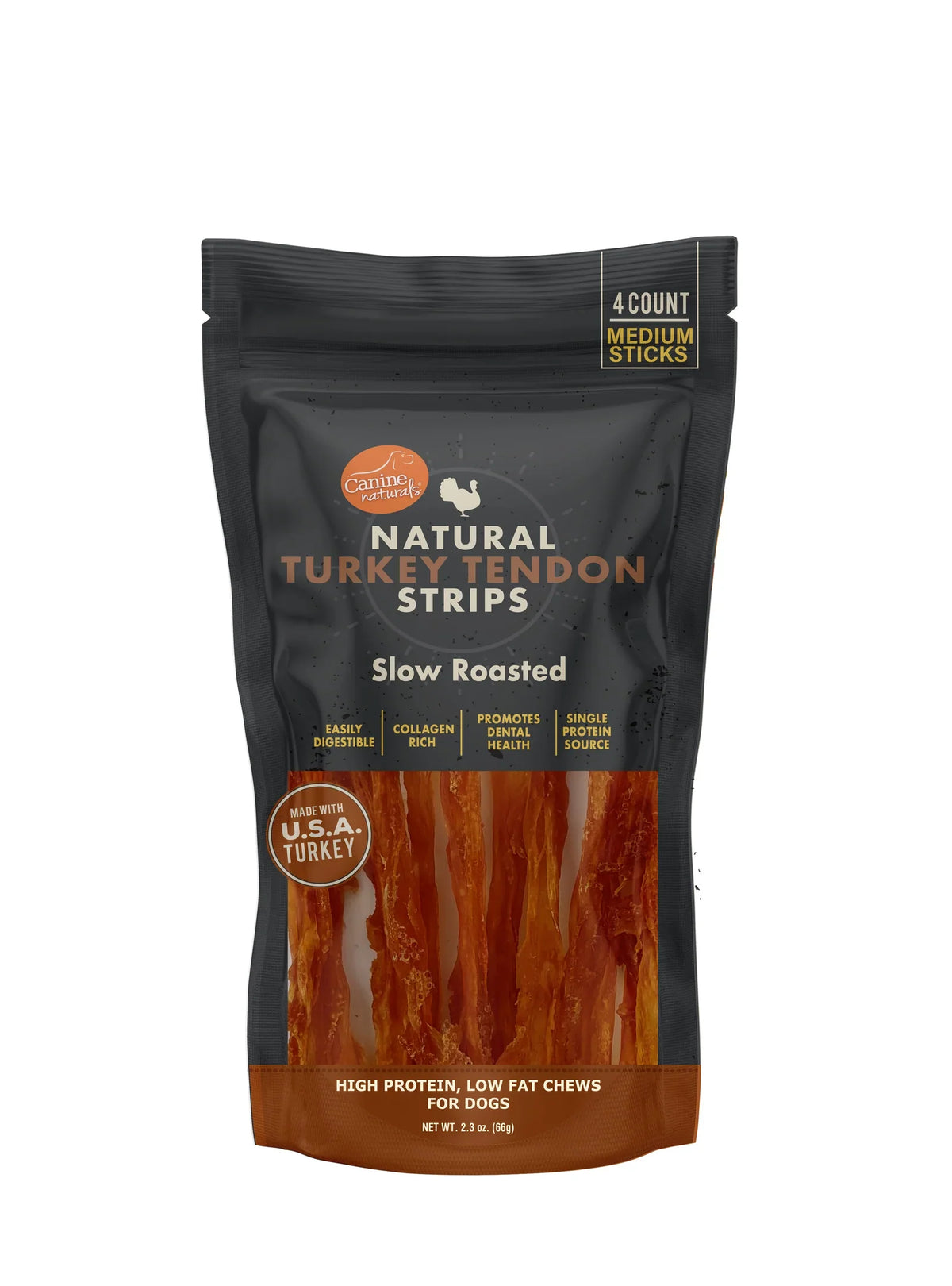 Dog treat stand-up pouch of natural turkey tendon strips, 4-count, slow roasted