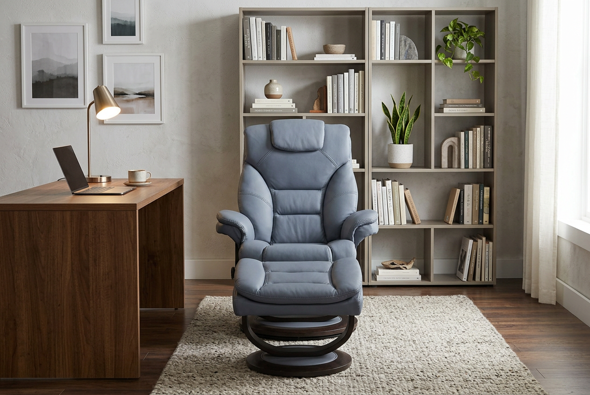 Blue euro recliner with ottoman, plush cushioning and curved headrest