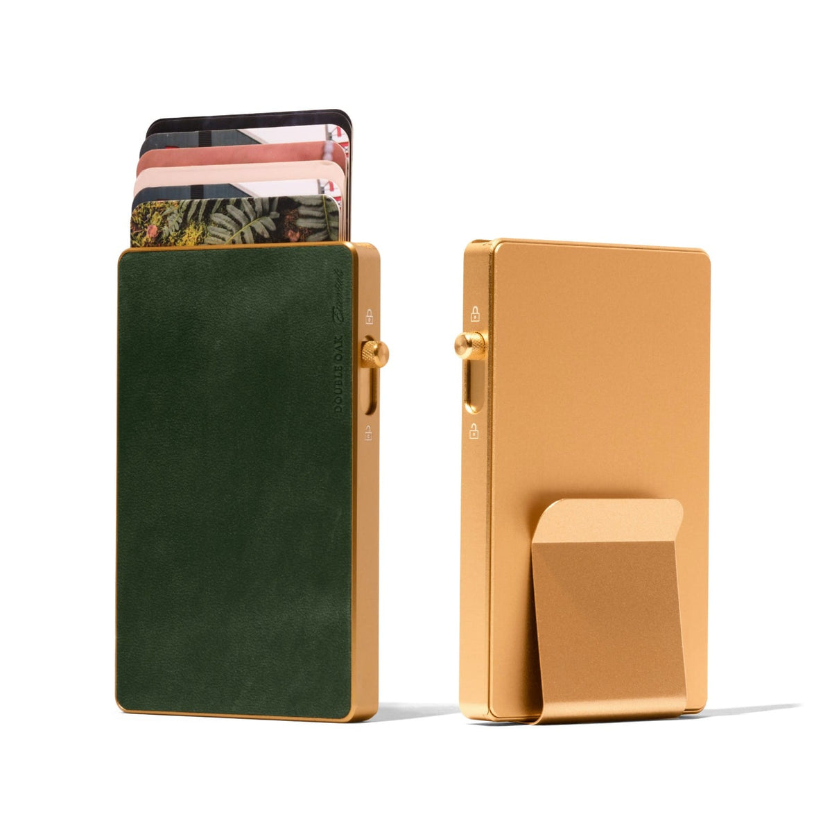 Mod wallet with green leather cardholder and gold metal cash case