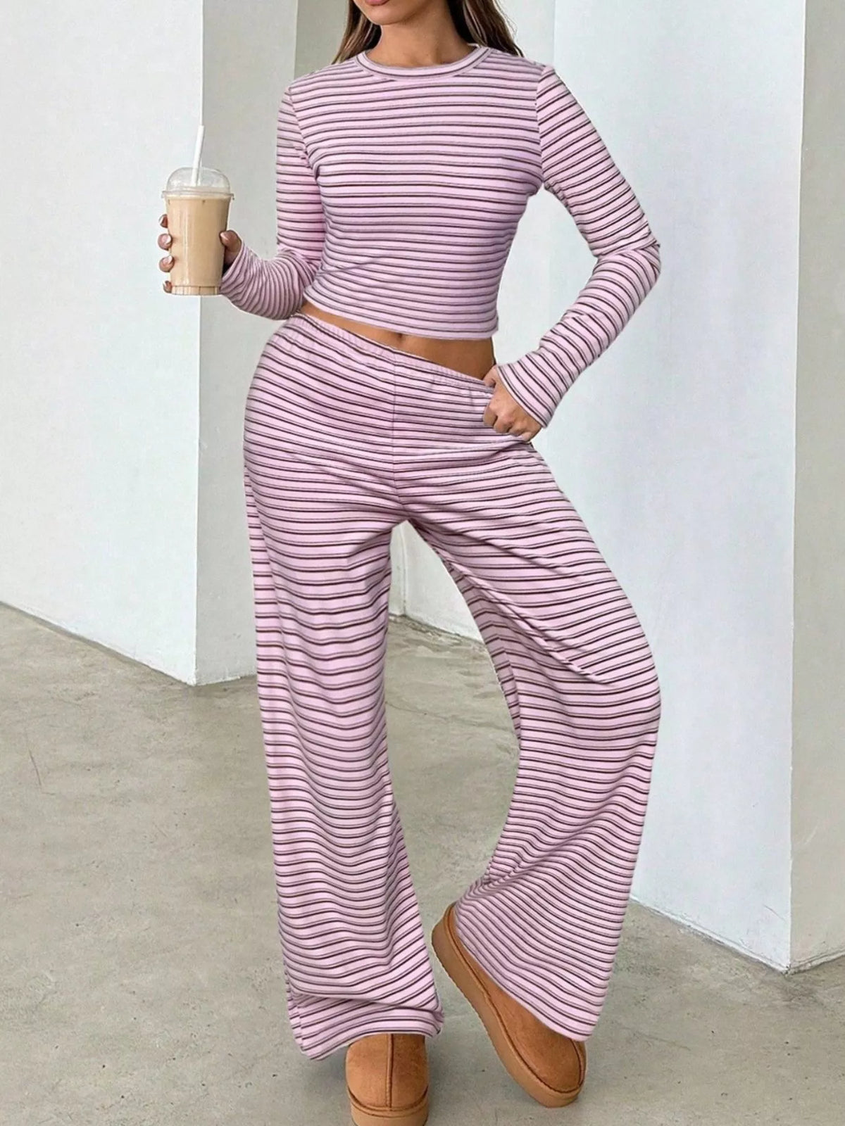 Pink striped long-sleeve crop top with wide-leg matching pants