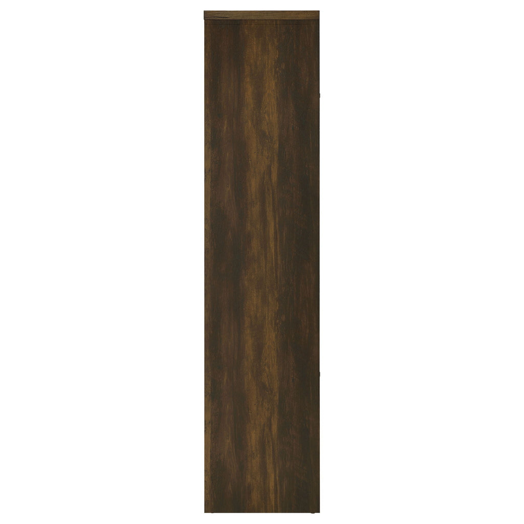 Dark pine media tower side panel with flat back and vertical grain finish