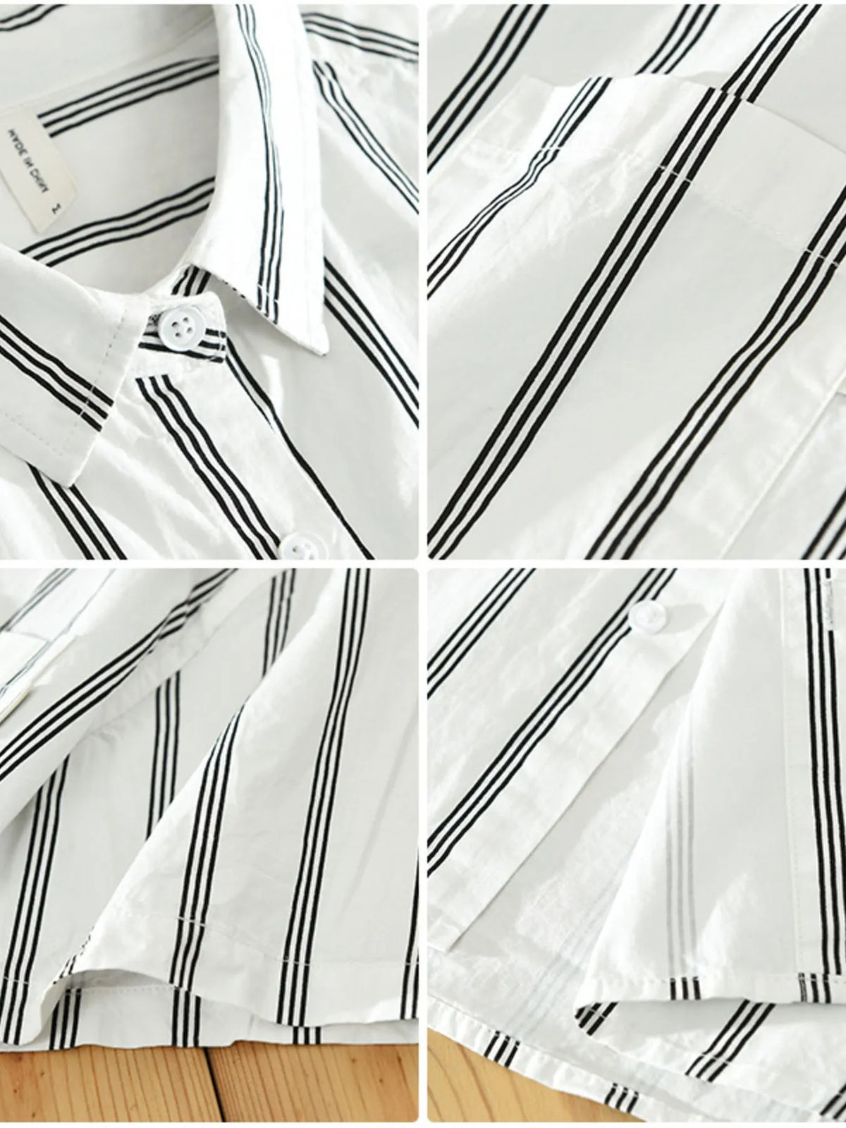 Plus-size striped short-sleeve button-up shirt front close-up, white with black stripes
