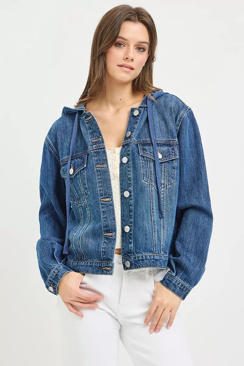 Hooded medium-blue denim jacket with button-front and flap pockets