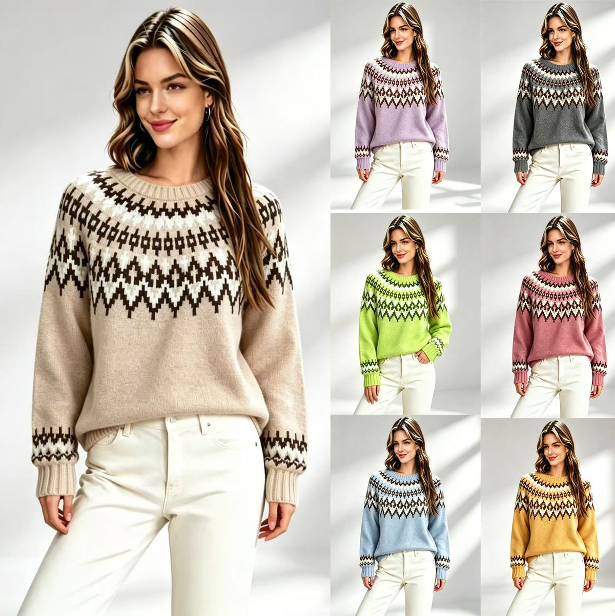 Women’s Fair Isle knit crew-neck sweater with multicolor yoke pattern, shown in multiple colors
