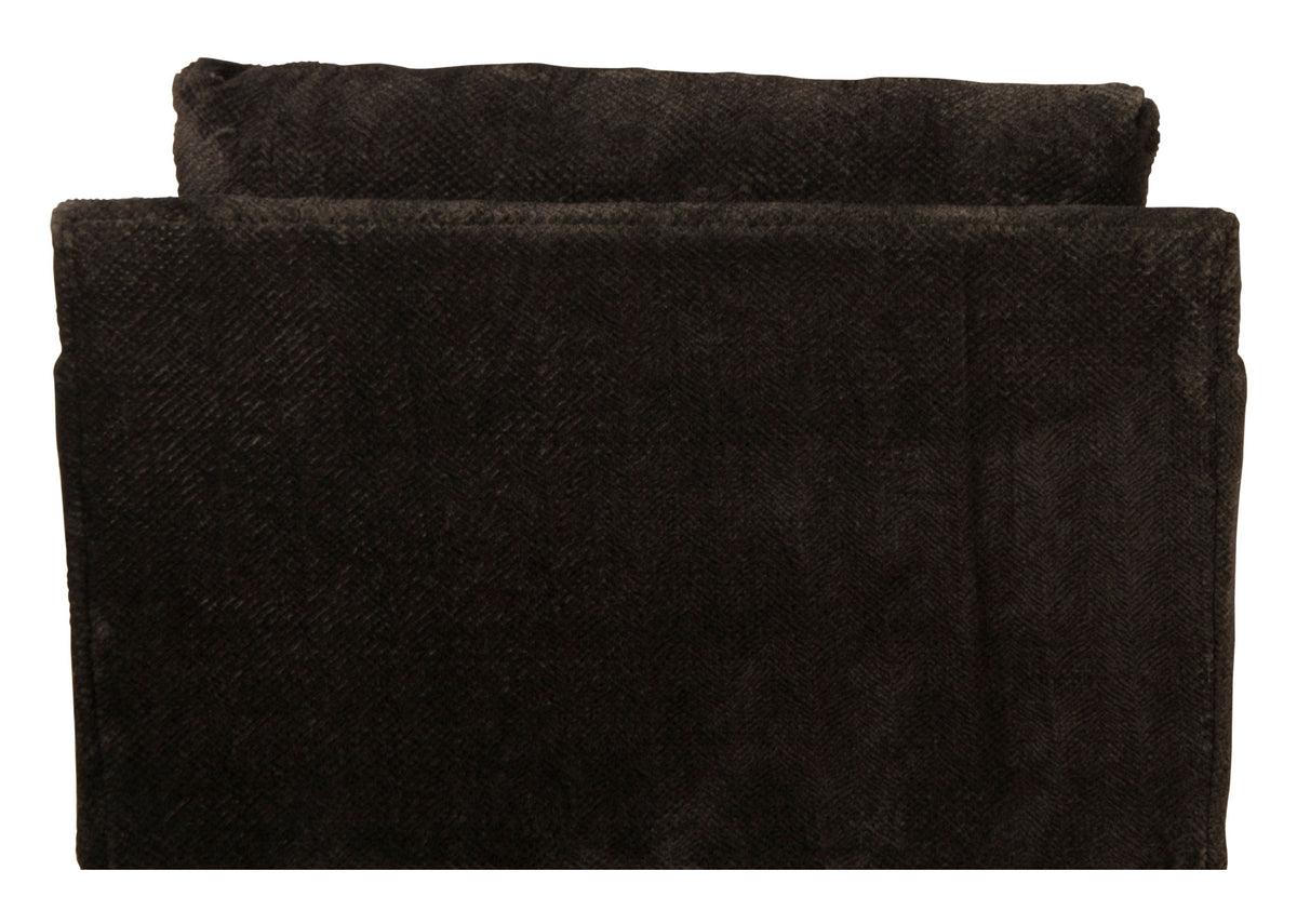 Dark upholstered armchair back panel with textured fabric and rounded top cushion