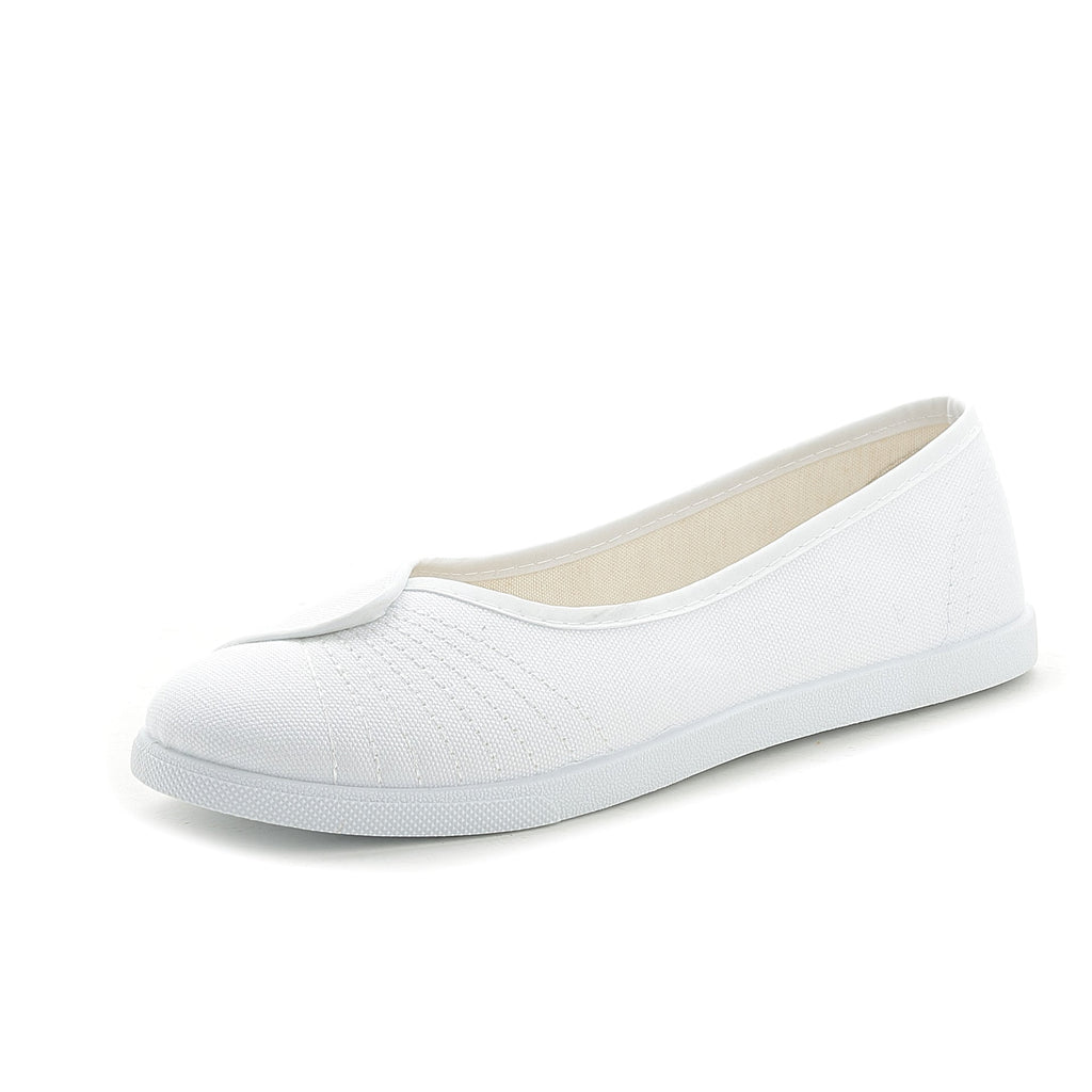 White slip-on casual sneakers with low rubber sole and breathable upper