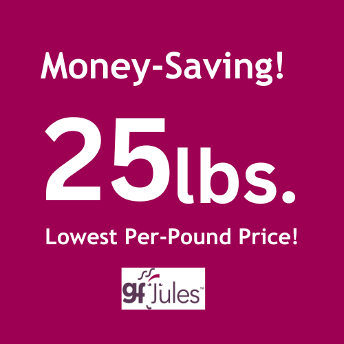 25 lb gfJules gluten-free flour promo graphic with “Money-Saving!” text.