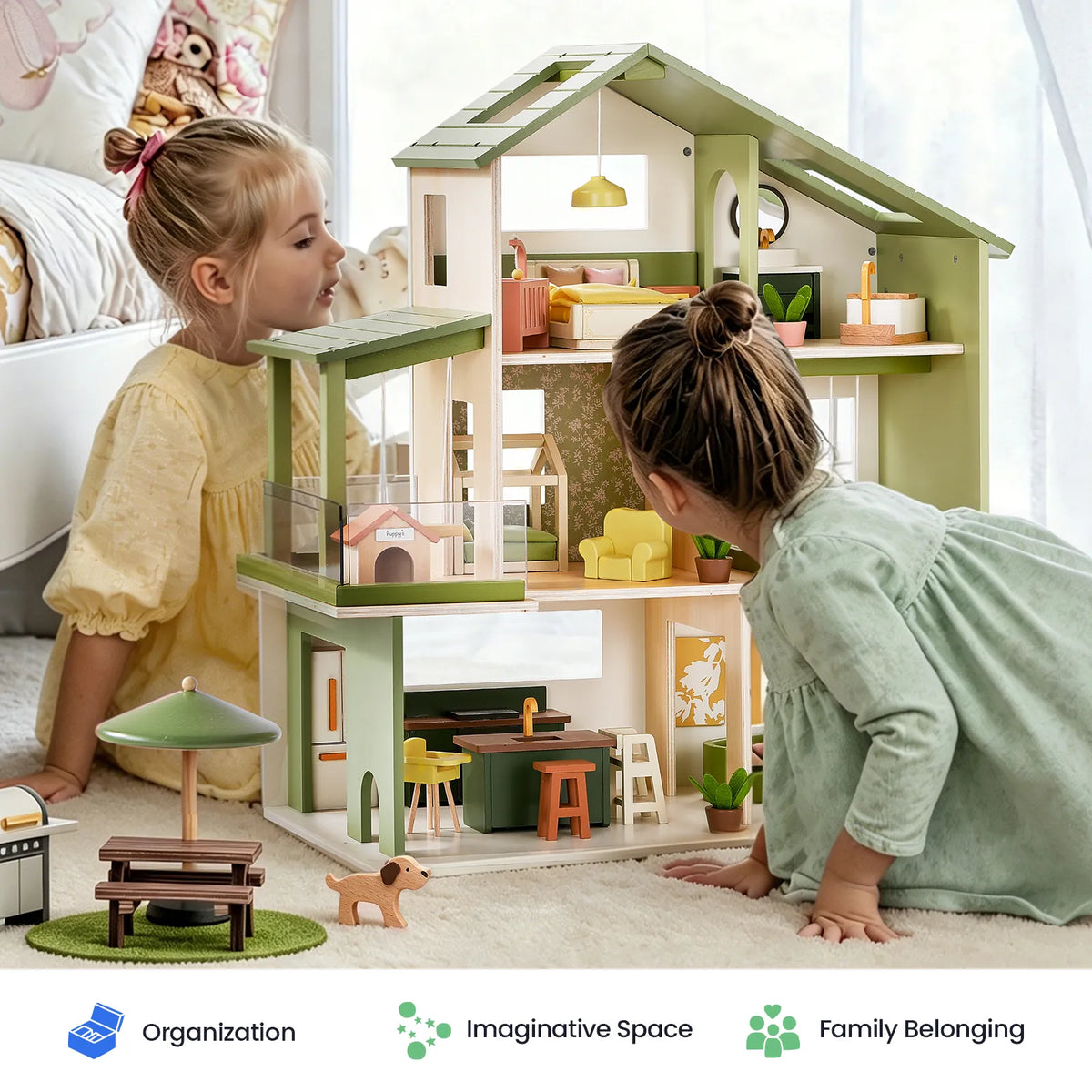 Green Tiny Land dollhouse with open front and furnished rooms on multiple levels