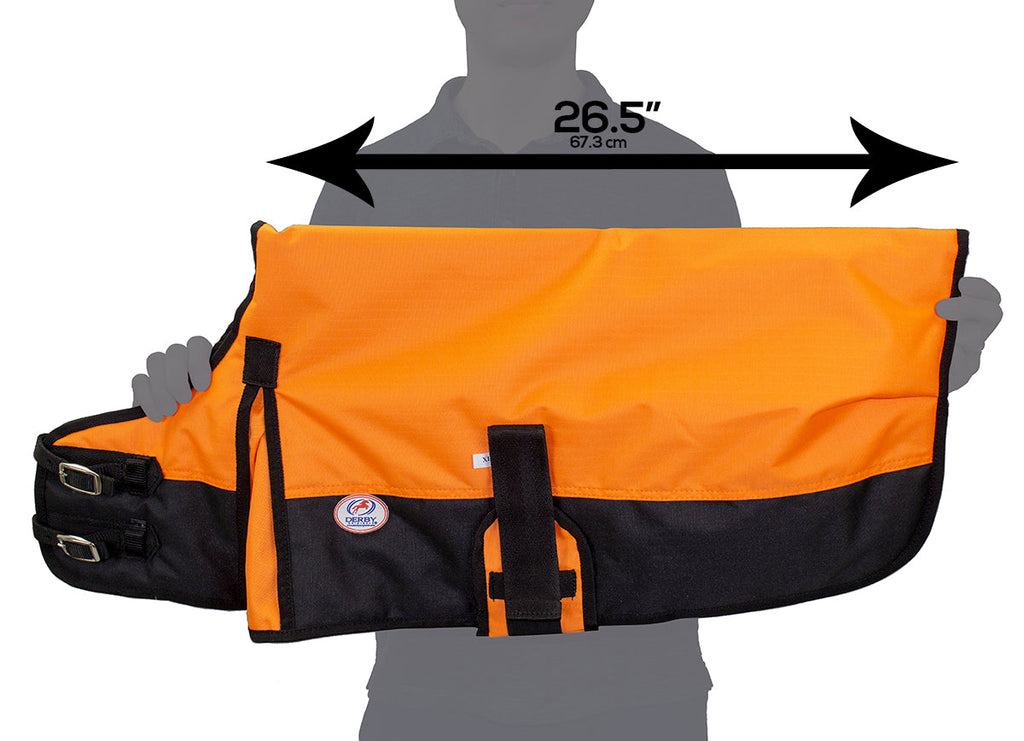 Orange and black waterproof winter dog coat with adjustable neck and chest straps
