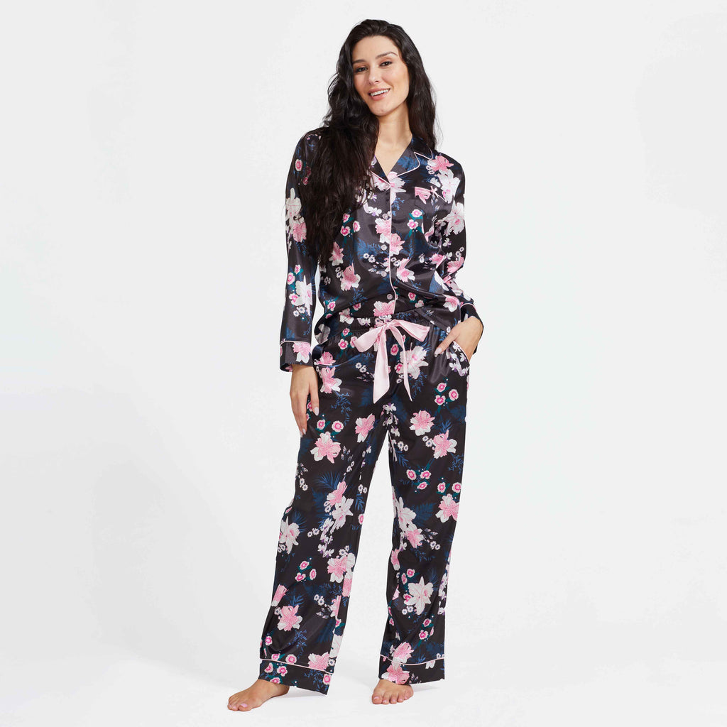Black floral satin pajama set with drawstring waist and long pants