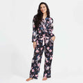Black floral satin pajama set with drawstring waist and long pants