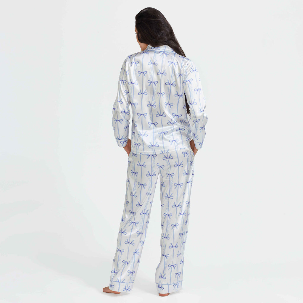 Blue bow-pattern satin pajama set with button-front top and elastic waist pants