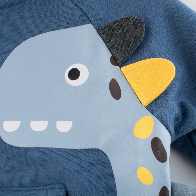 Blue fleece hoodie with dinosaur face applique on front panel