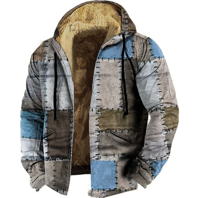 Patchwork hooded padded jacket with zip-front, drawstring hood, tan lining