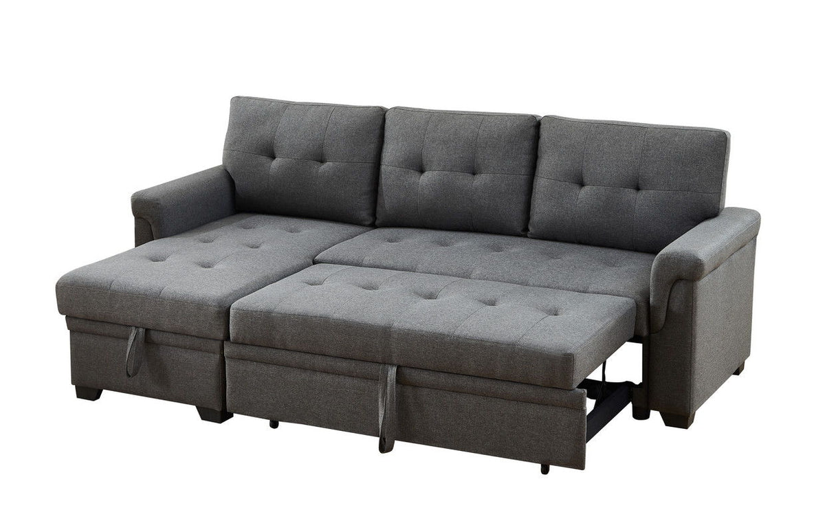 Dark gray sectional sleeper sofa with storage chaise, tufted back and pull-out base