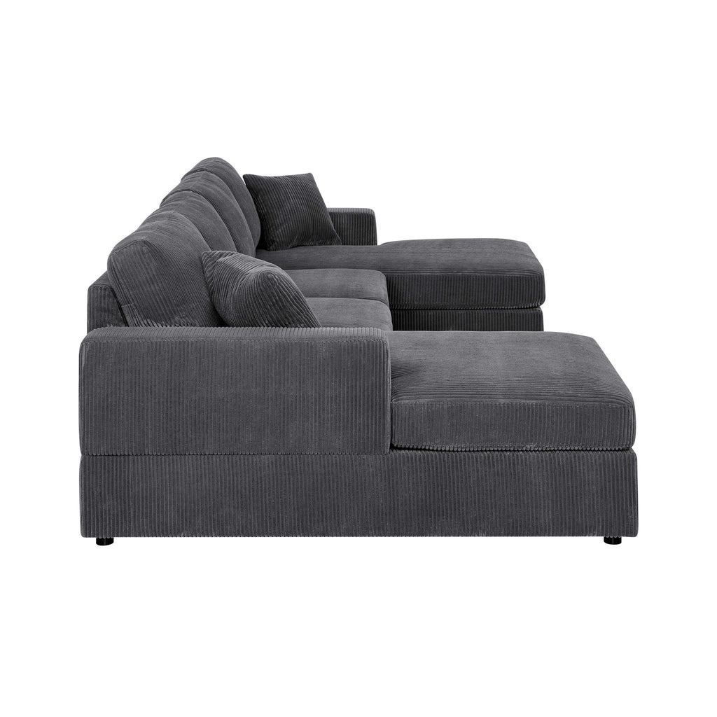 Charcoal gray sectional sofa with chaise ottoman and square, padded armrests