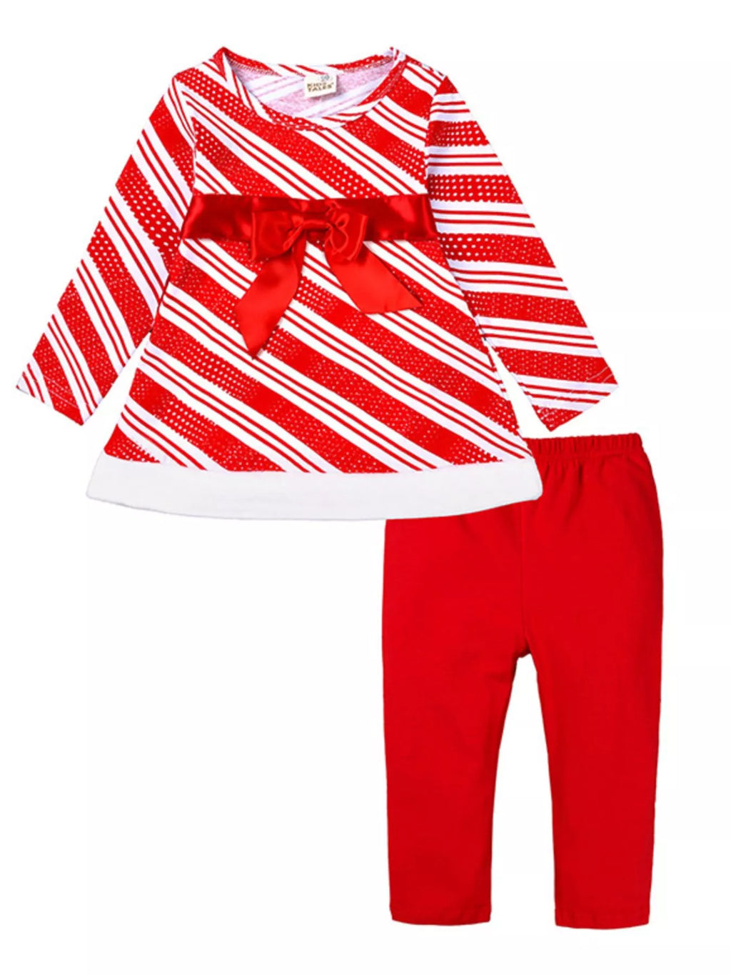 Red and white striped long-sleeve top with red bow and white hem, plus red pants