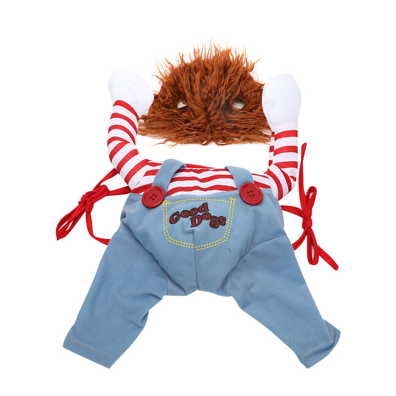 Pet dog Halloween costume flat lay: orange plush hood with red-striped sleeves and light blue overalls
