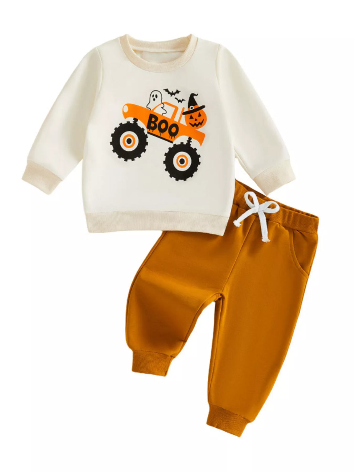 Off-white long-sleeve sweatshirt with monster truck “Boo” graphic and brown jogger pants