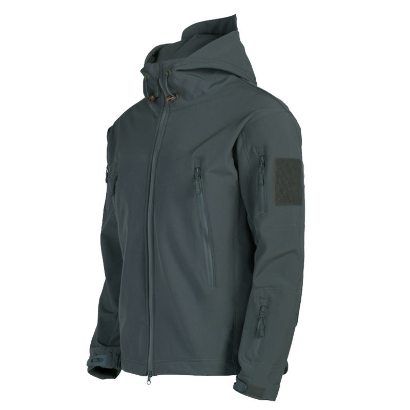 Three-in-one all-weather shell jacket in dark gray with zip front and hood