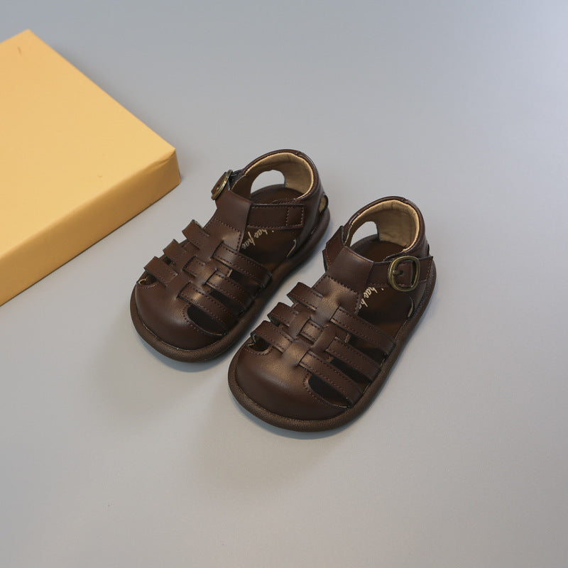 Brown toddler closed-toe woven sandals with hook-and-loop ankle strap