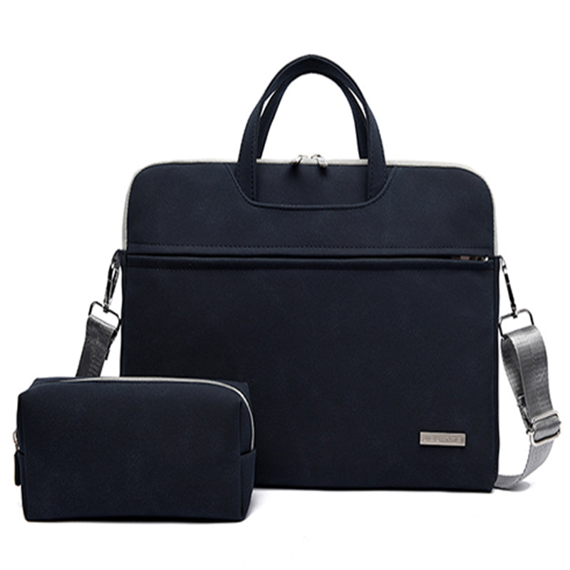 Black PU leather laptop bag with top handle, crossbody strap, and matching front pouch