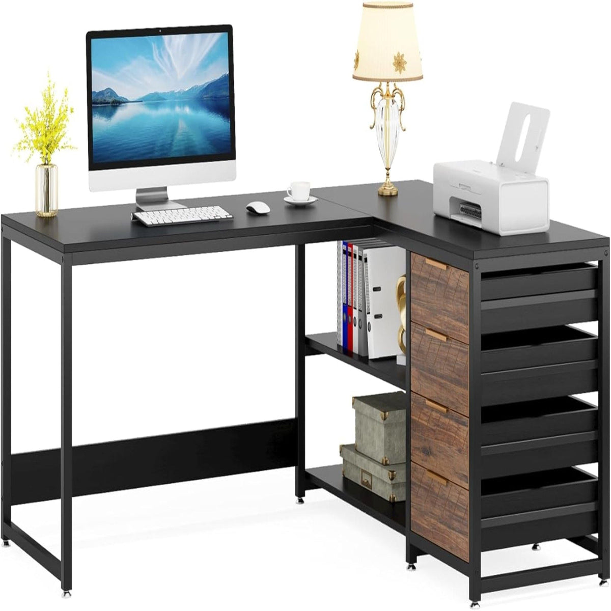 L-shaped workstation desk with drawer cabinet, open shelves, and dark desktop, wood accent panel.