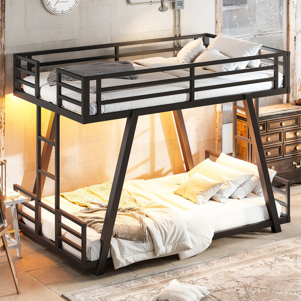 Black metal twin-over-twin bunk bed shown at an angle with guardrails and side ladders