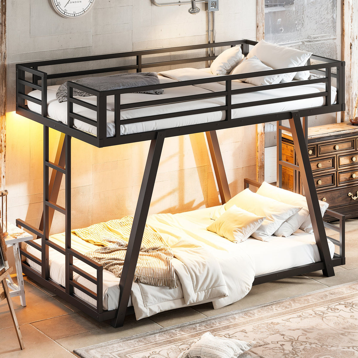 Black metal twin-over-twin bunk bed shown at an angle with guardrails and side ladders