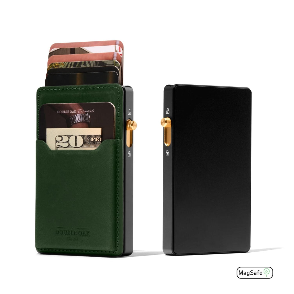Green leather Mod wallet with black MagSafe plate, card slot view and side hardware