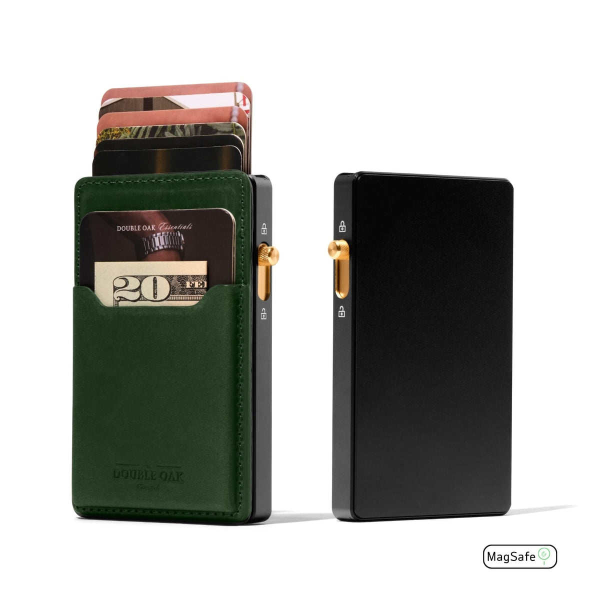 Green leather Mod wallet with black MagSafe plate, card slot view and side hardware