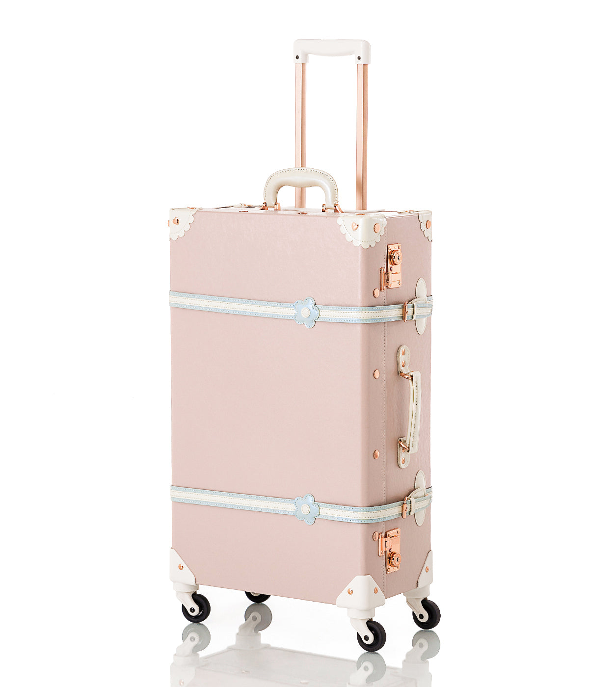 Cherry pink carry-on train case on four wheels with light blue ribbon trim