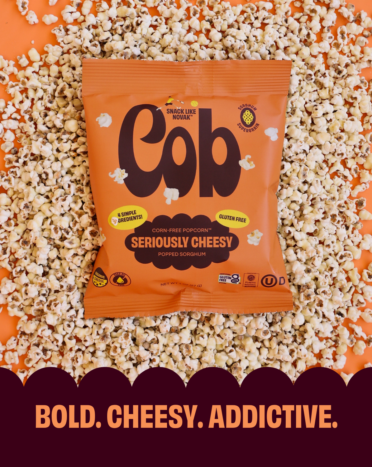 Seriously Cheesy popcorn snack bag in orange packaging