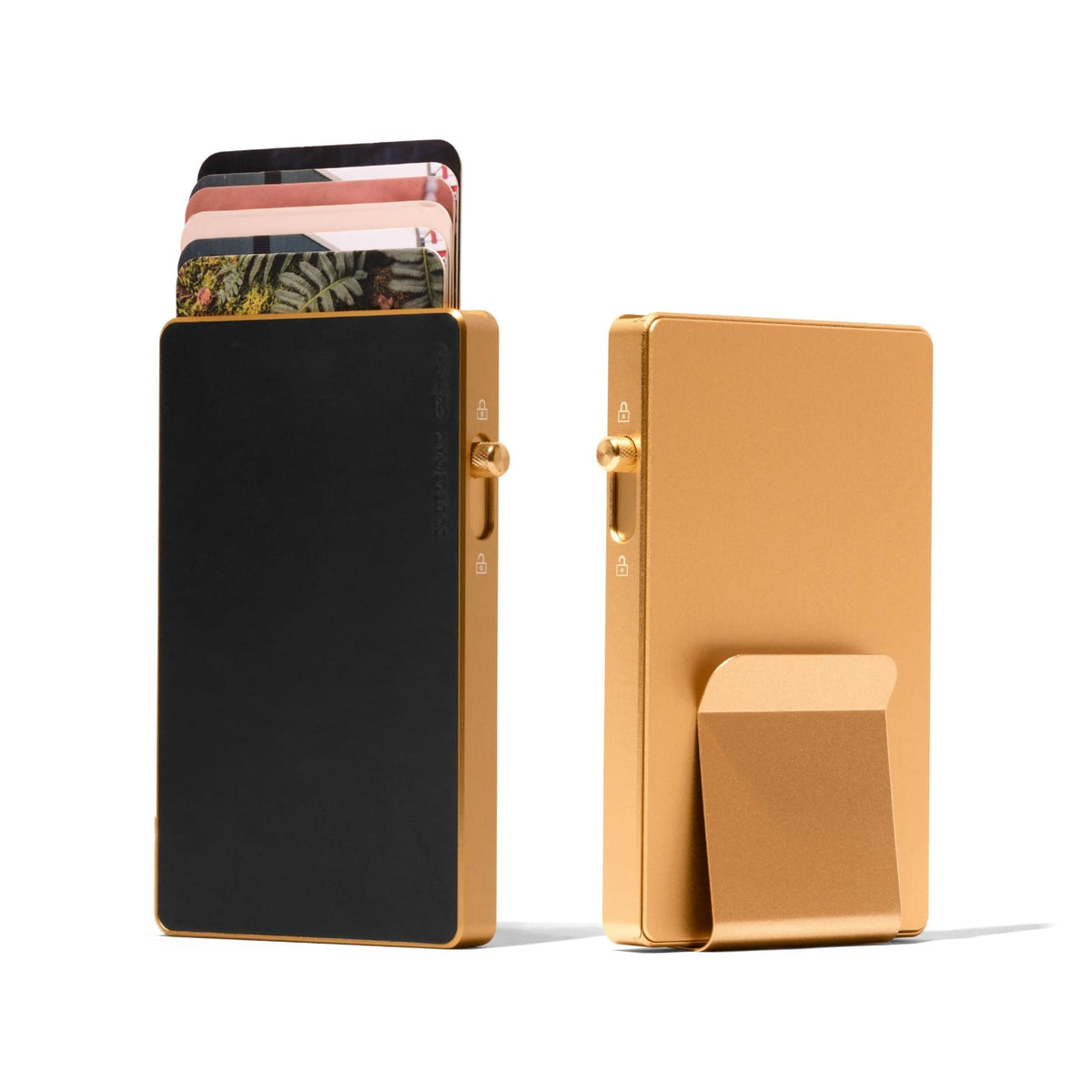Mod wallet with black leather cardholder and gold metal cash case