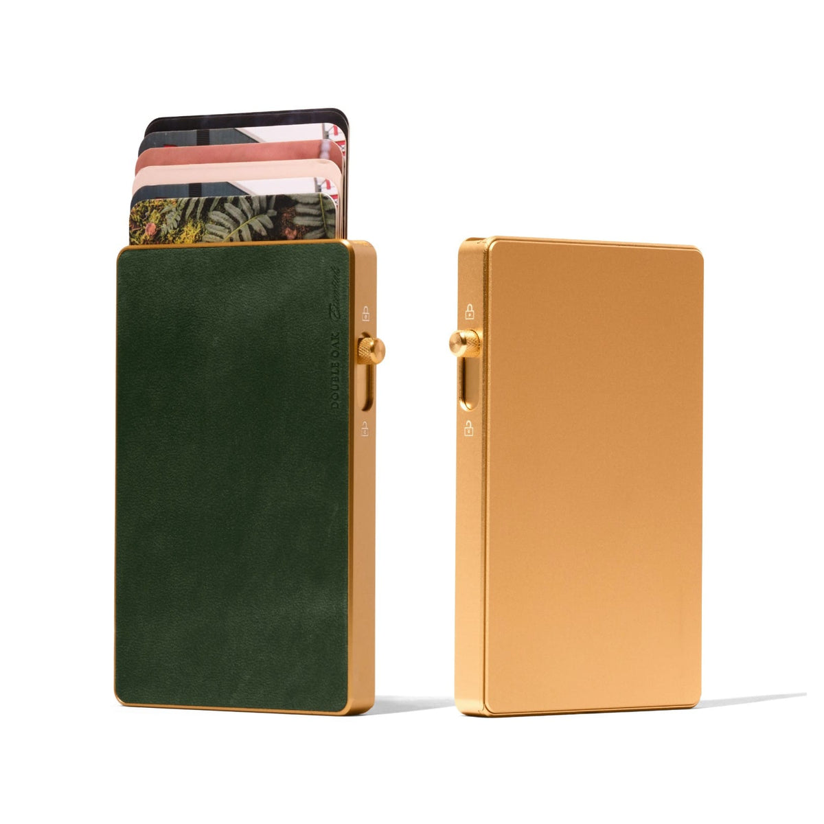 Green leather mod wallet with gold-tone metal frame and card slots