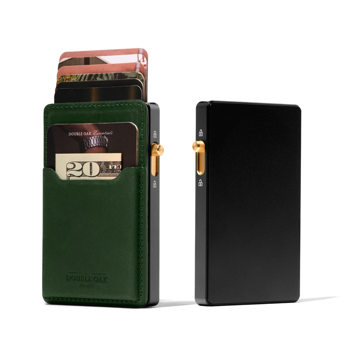 Green leather mod wallet cardholder with cash in card slot, front and back views