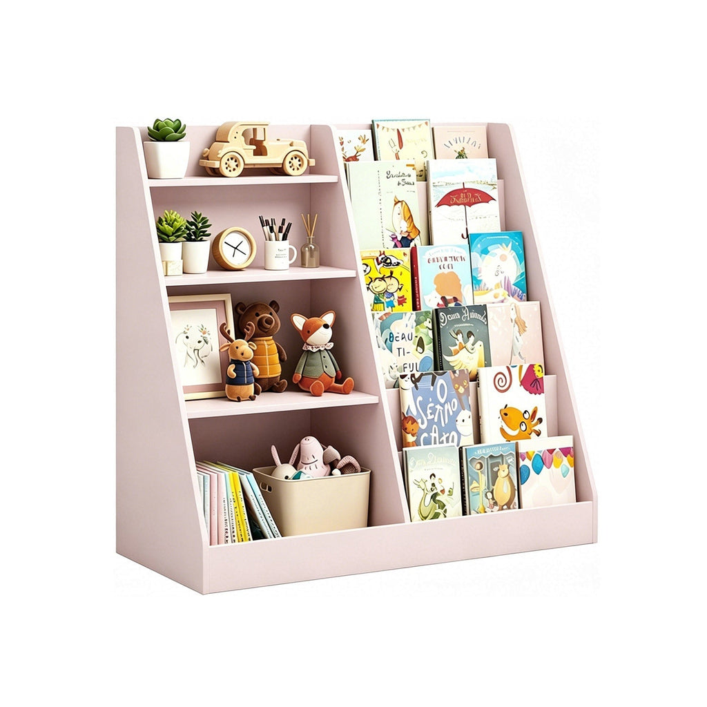 Pink kids bookshelf with toy storage cubbies and vertical book display