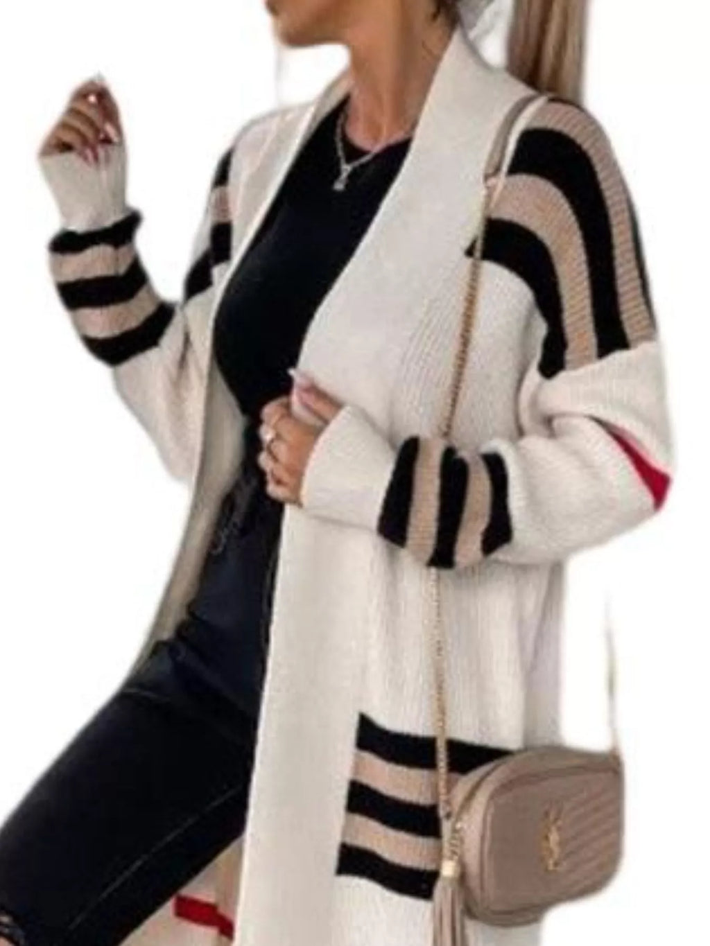Cream longline open-front cardigan with black-and-tan horizontal stripes and red accent lines