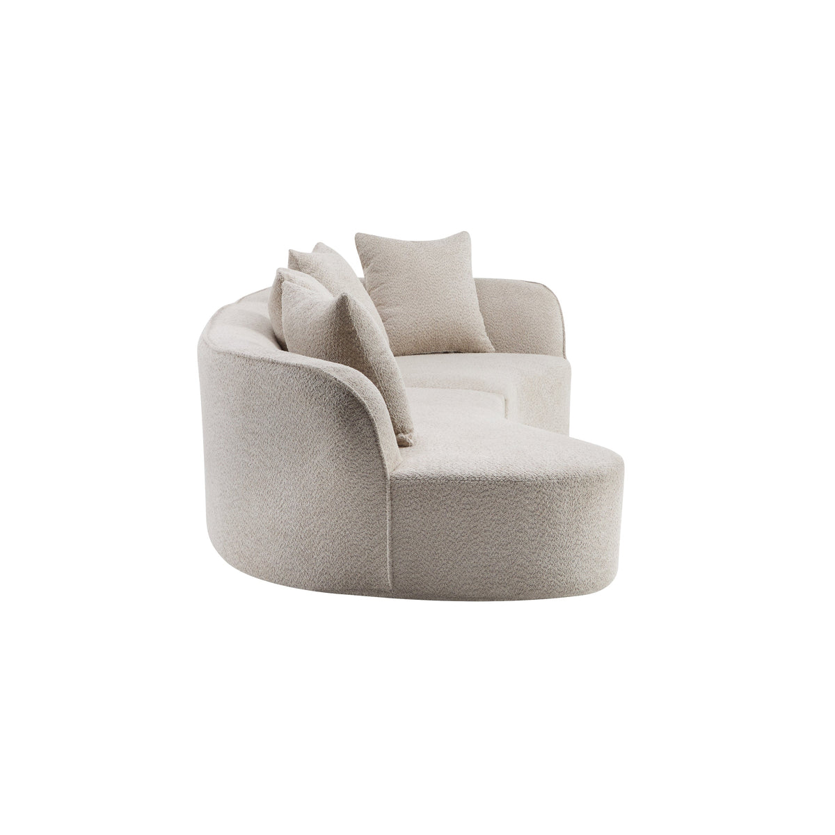 Light beige sectional chaise with two throw pillows and cushioned rounded sides