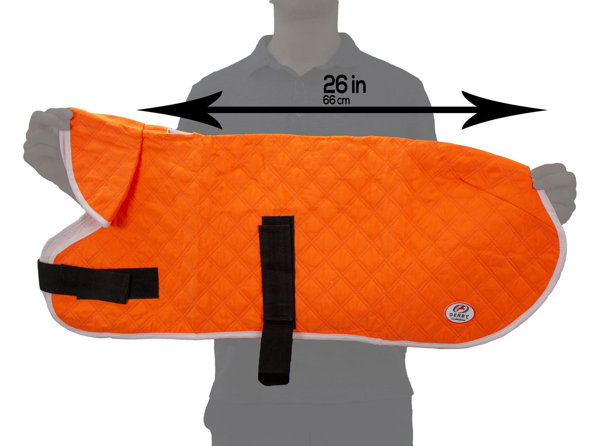 Orange dog cooling jacket showing side profile, harness opening, quilted texture, reflective trim