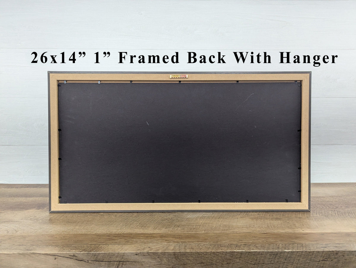 Framed back with hanger, 26x14 in, 1 in frame; dark backing board
