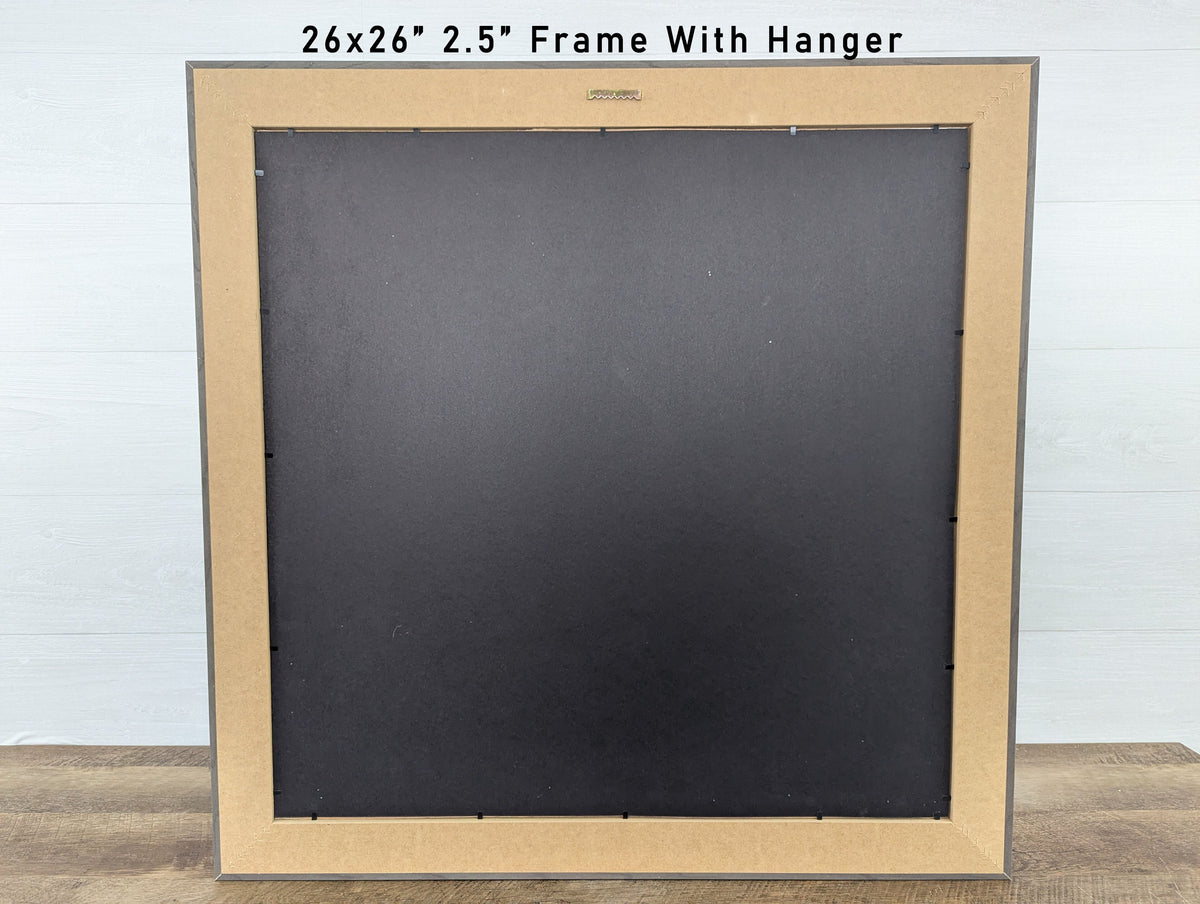 Framed wall art back view with hanging hardware, black backing panel