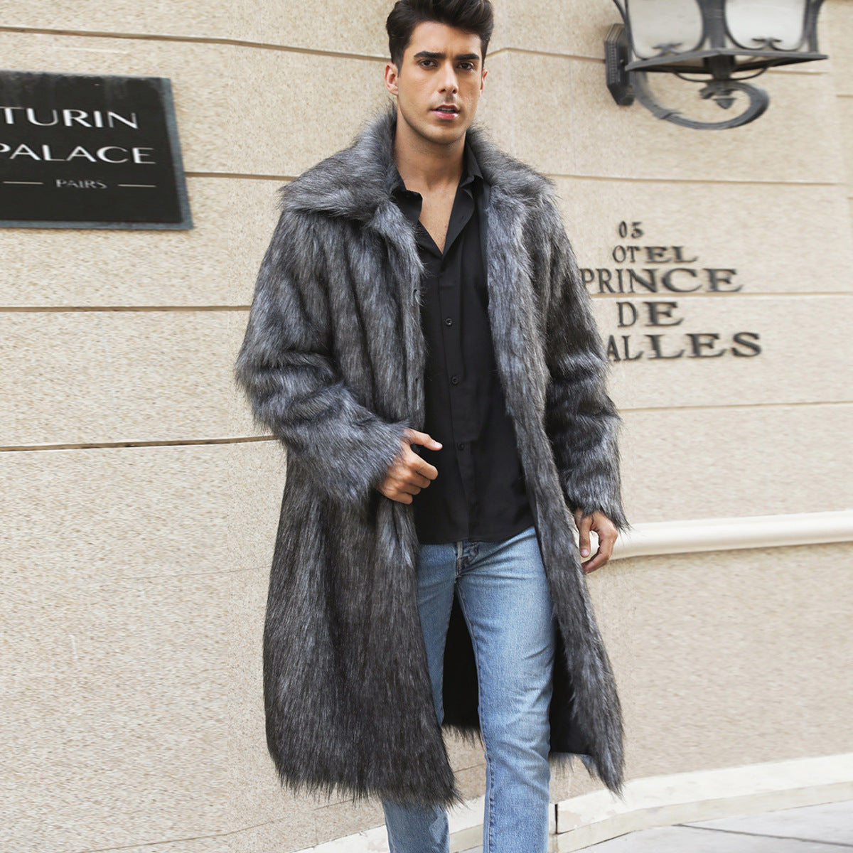 Mens long faux fur coat, dark gray with open front and notched collar