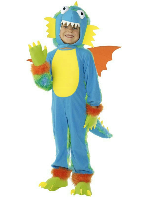 Smiffy's toddler dragon monster costume with wings, blue suit, yellow belly, orange wings