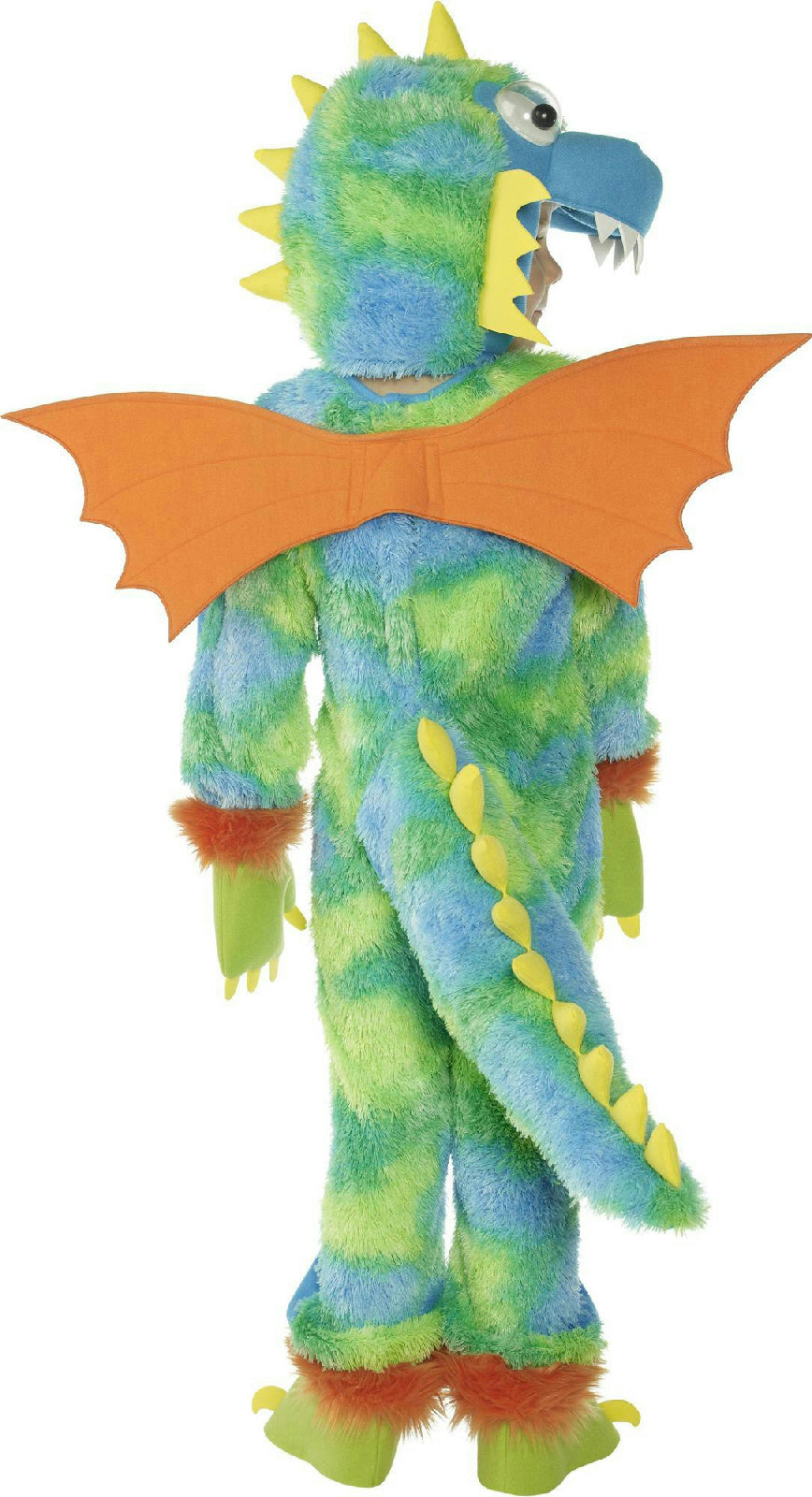 Smiffy's toddler dragon costume, green-blue scales, orange bat-like wings, clawed hood