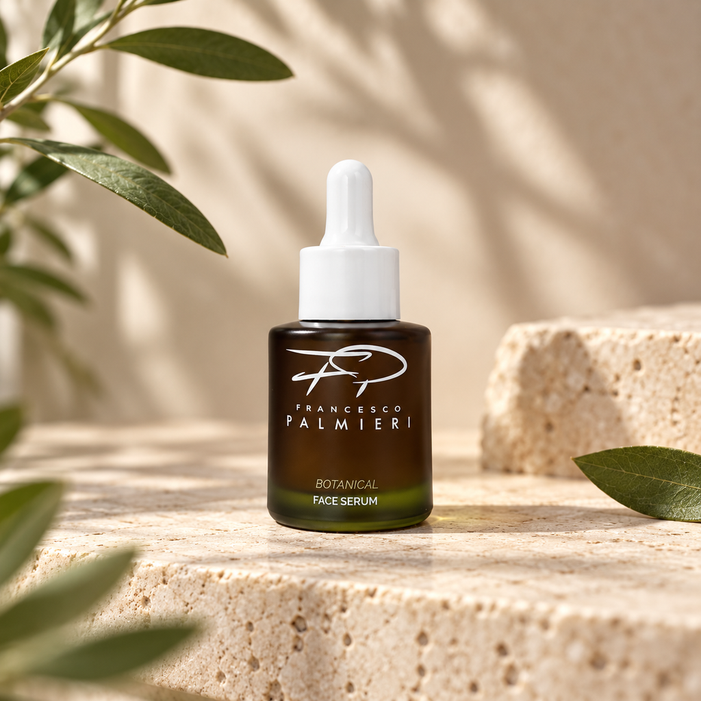 Botanical face serum in dark amber glass bottle with white dropper, on stone with leaves