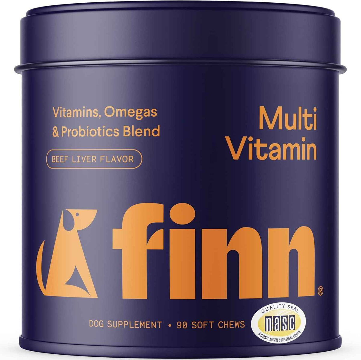 Dark purple Finn multivitamin dog supplement tin, beef liver flavor, with 90 soft chews