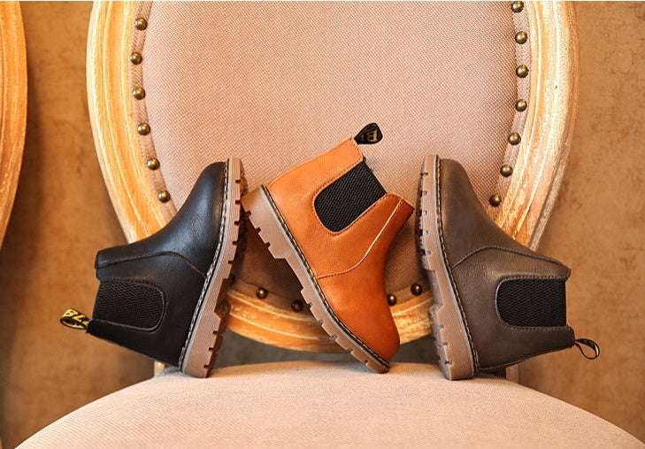 Children's leather short boots with side elastic and tread sole, orange, black, gray