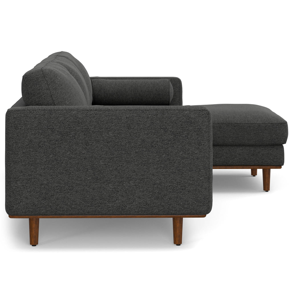 Morrison dark gray fabric upholstered sectional sofa with rounded armrests and wooden legs
